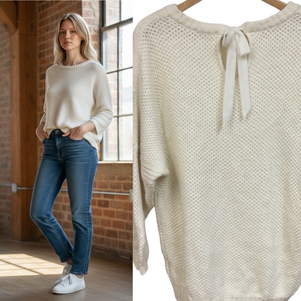 TED BAKER LONDON Women’s sz Large Sweater Wool Blend Back Bow Cream